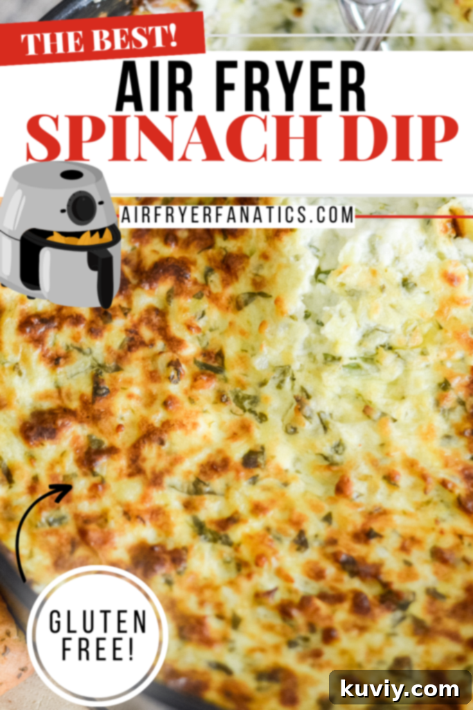 A final close-up of the perfectly cooked air fryer spinach dip, bubbling and golden, ready for serving.