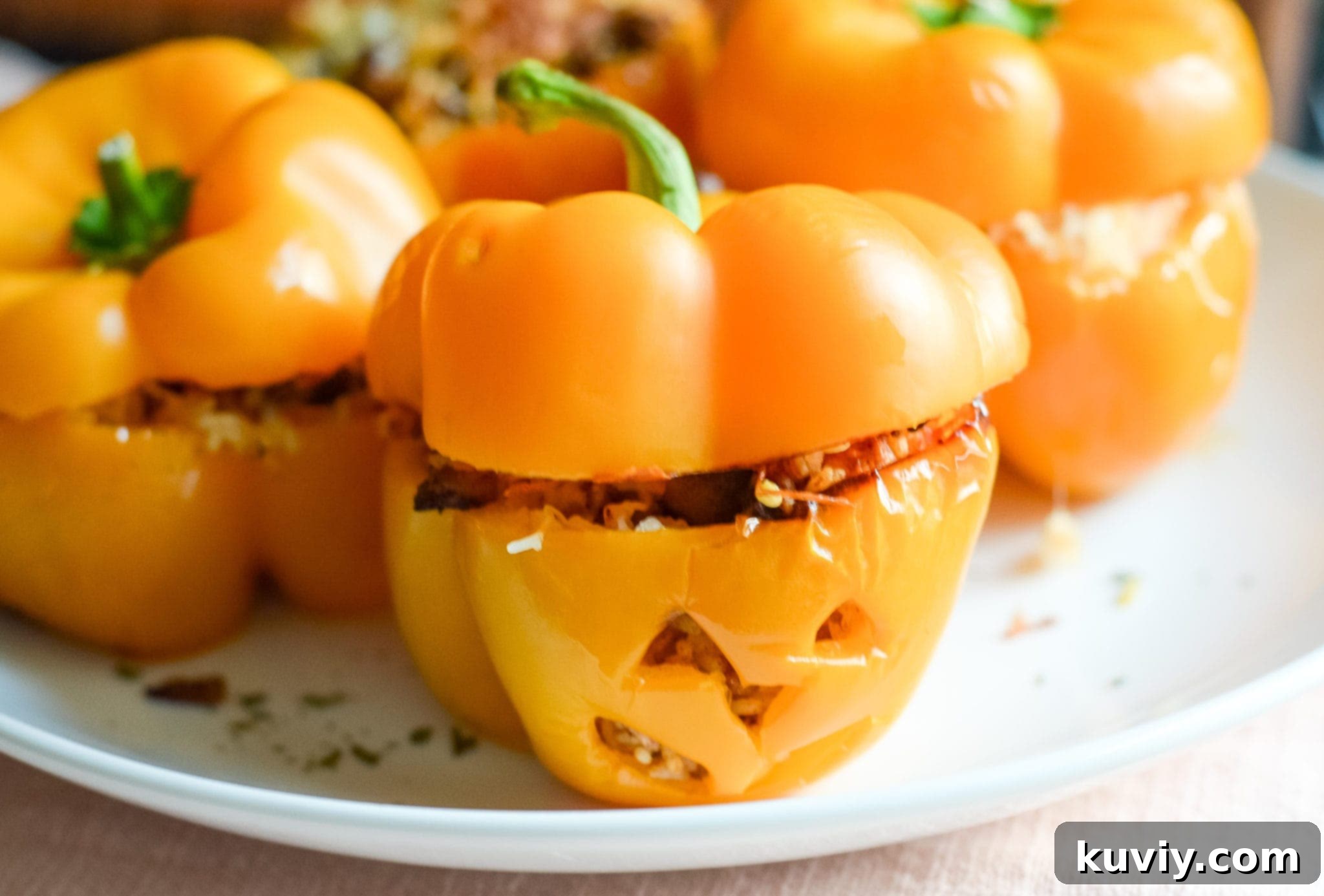 Close-up of air fryer stuffed pumpkin peppers with melted cheese and fresh salsa, ready to serve.