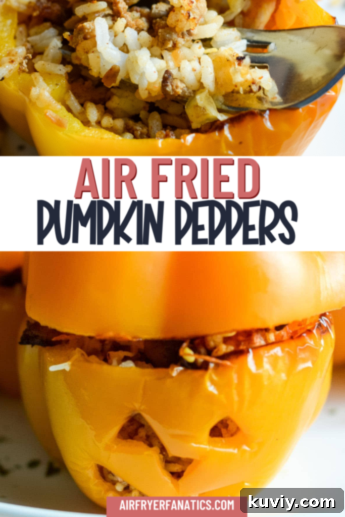 Air Fryer Stuffed Pumpkin Peppers served with a Halloween themed napkin.
