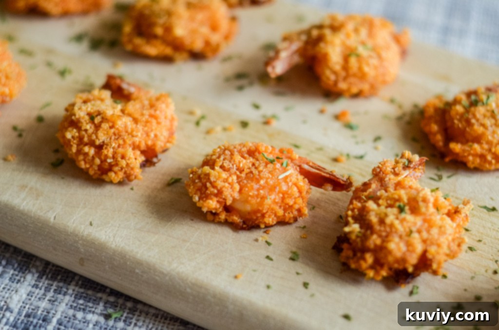 Air fryer basket filled with breaded buffalo shrimp