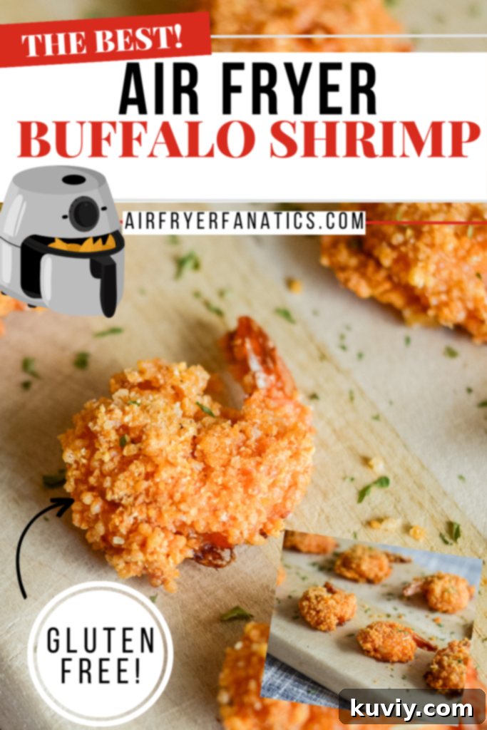 Close-up of crispy air fryer buffalo shrimp with tails on