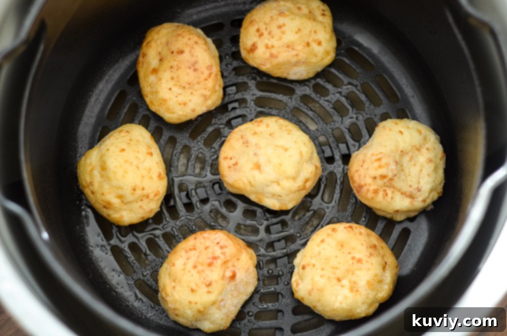 Freshly cooked air fryer Trader Joe's Brazilian cheese bread, golden and inviting.