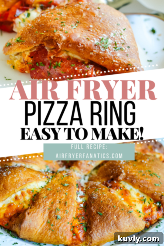 Close-up of a perfectly cooked air fryer pizza ring slice with melted cheese and pepperoni