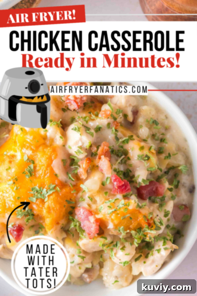 Close-up of the finished, golden-brown Air Fryer Chicken Bacon Ranch Casserole in a baking dish