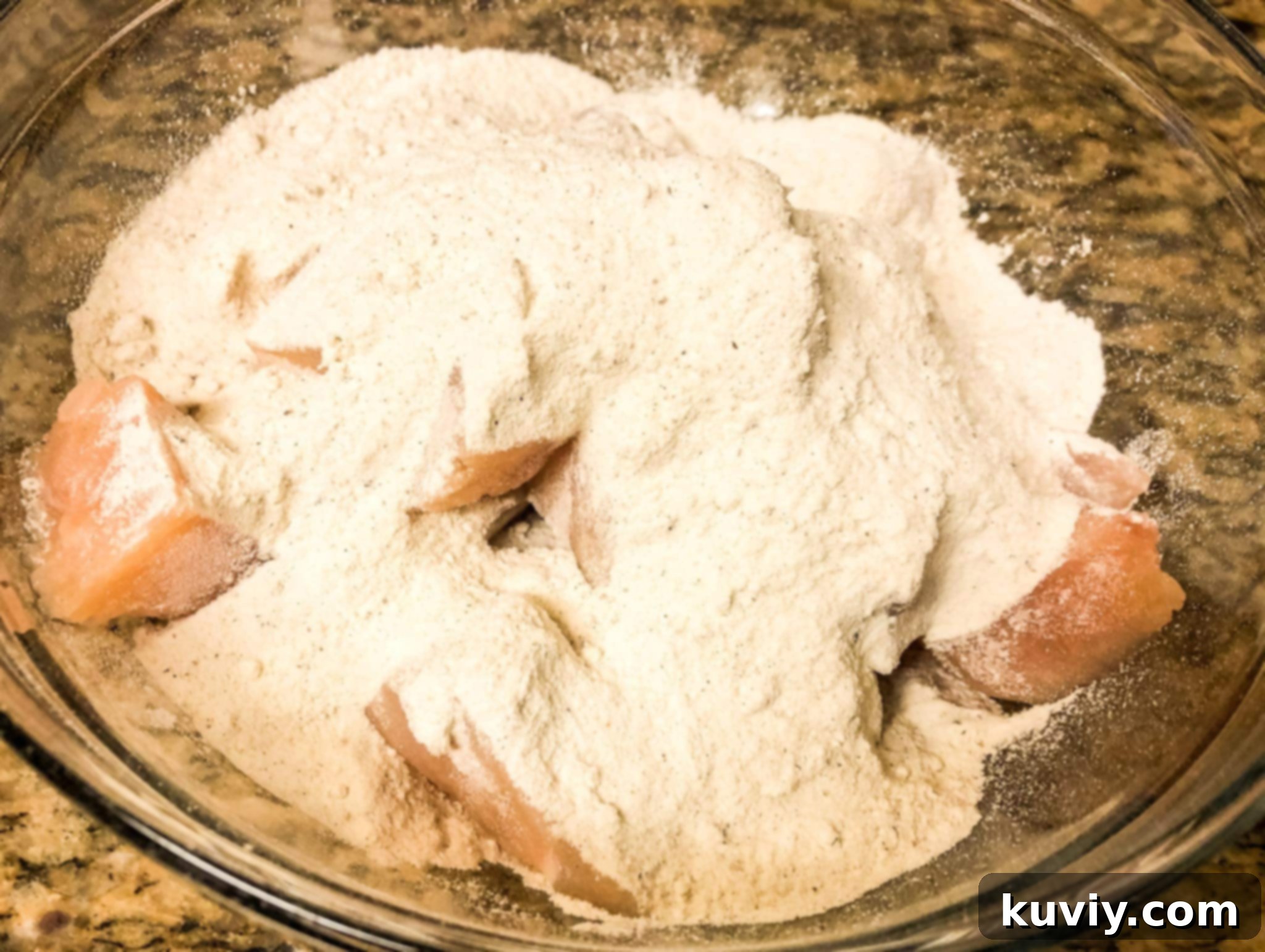 Gluten-Free Seasoned Flour prepared for coating chicken nuggets.