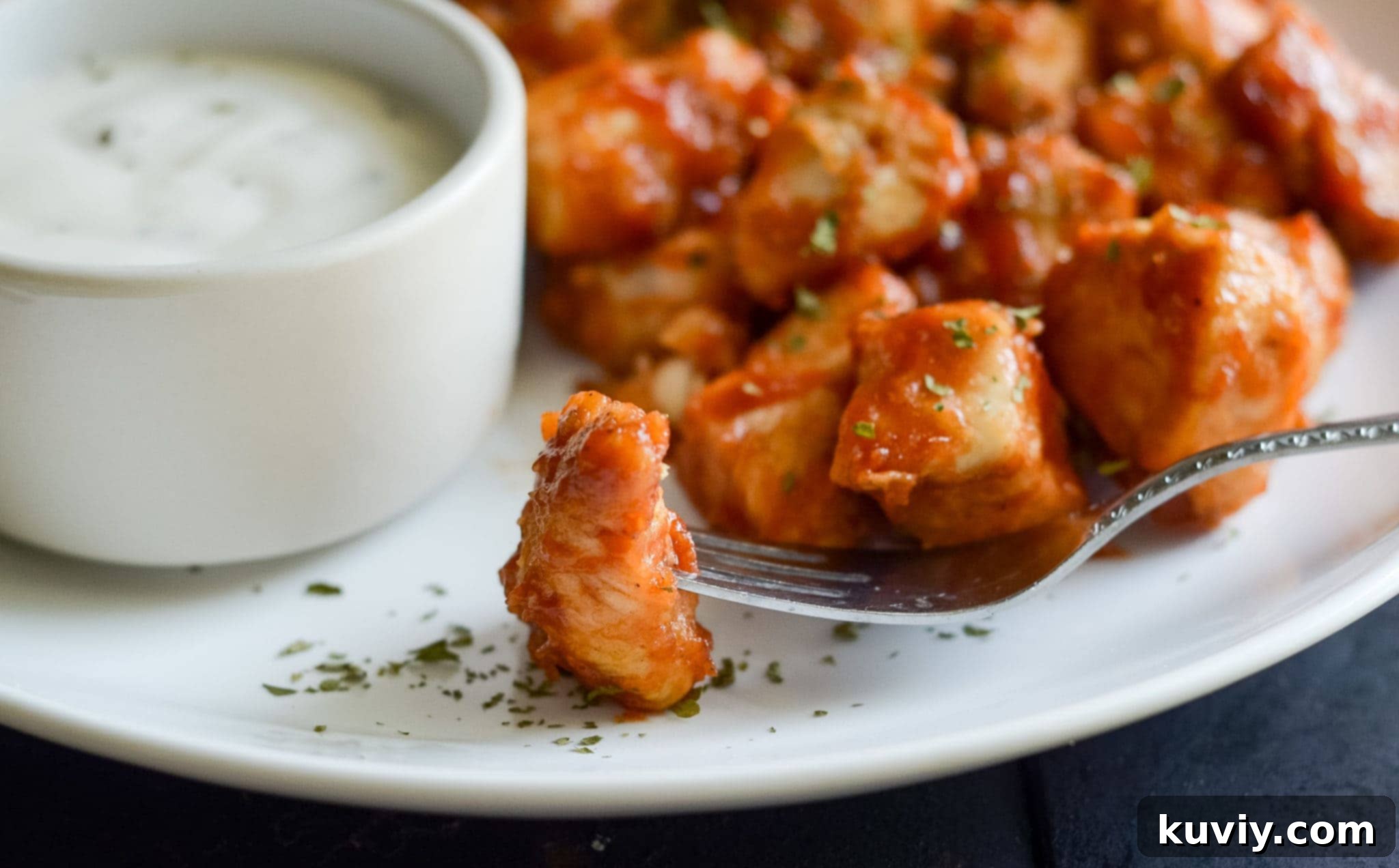 A close-up shot of juicy Air Fryer Barbecue Chicken Nuggets.