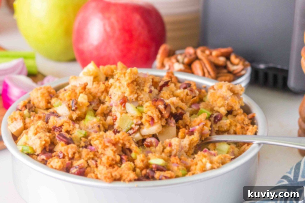 air fryer apple pecan stuffing cooking in air fryer