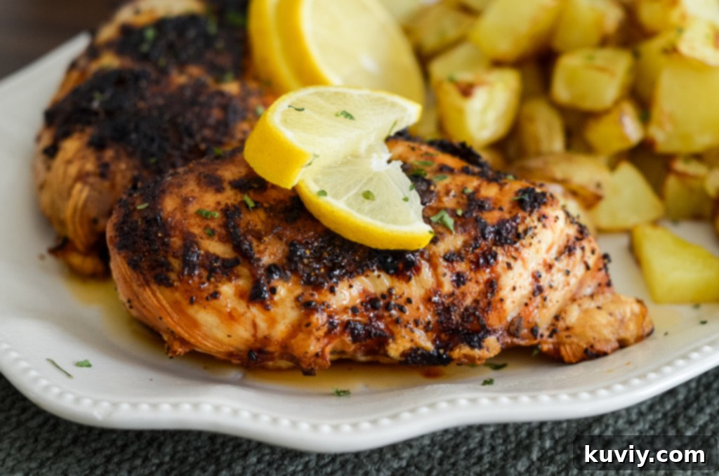 This image shows plated air fryer lemon pepper chicken with lemons on top.
