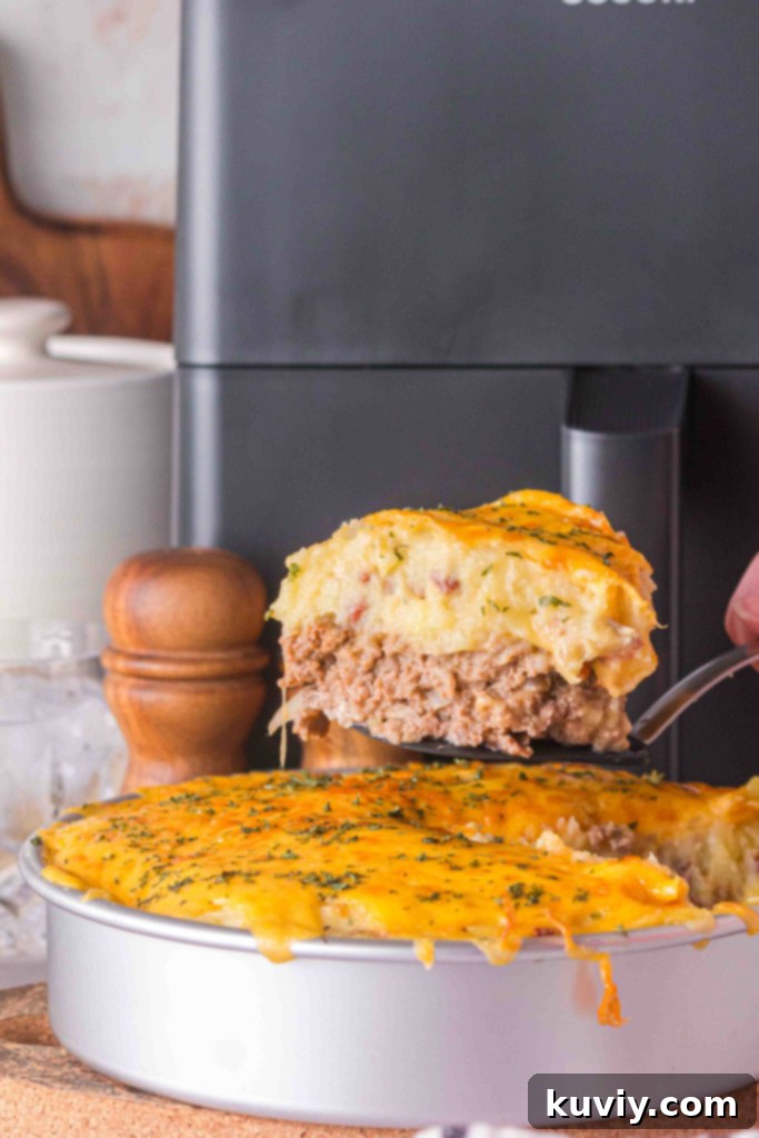 Air fryer meatloaf casserole in air fryer ready to serve