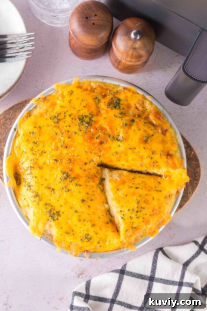Air fryer meatloaf casserole in a pan to serve