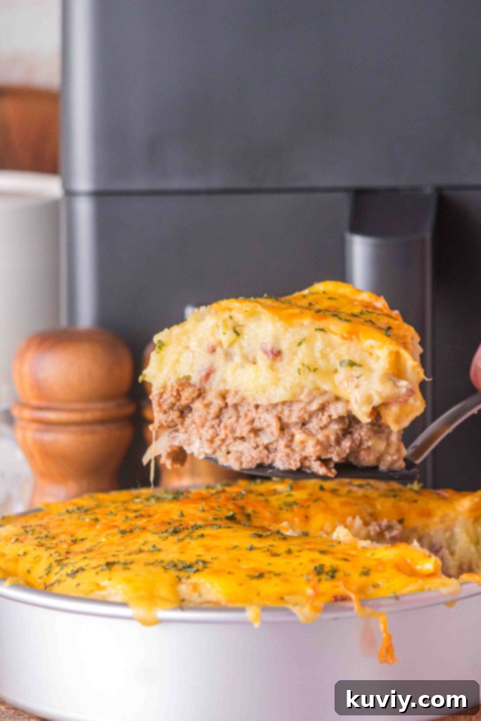 Air fryer meatloaf casserole in a pan to serve