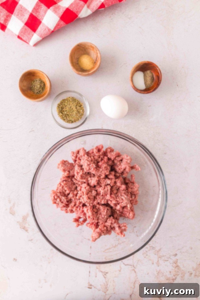 Ingredients laid out for Air Fryer Ground Beef Kebabs, including meat and spices