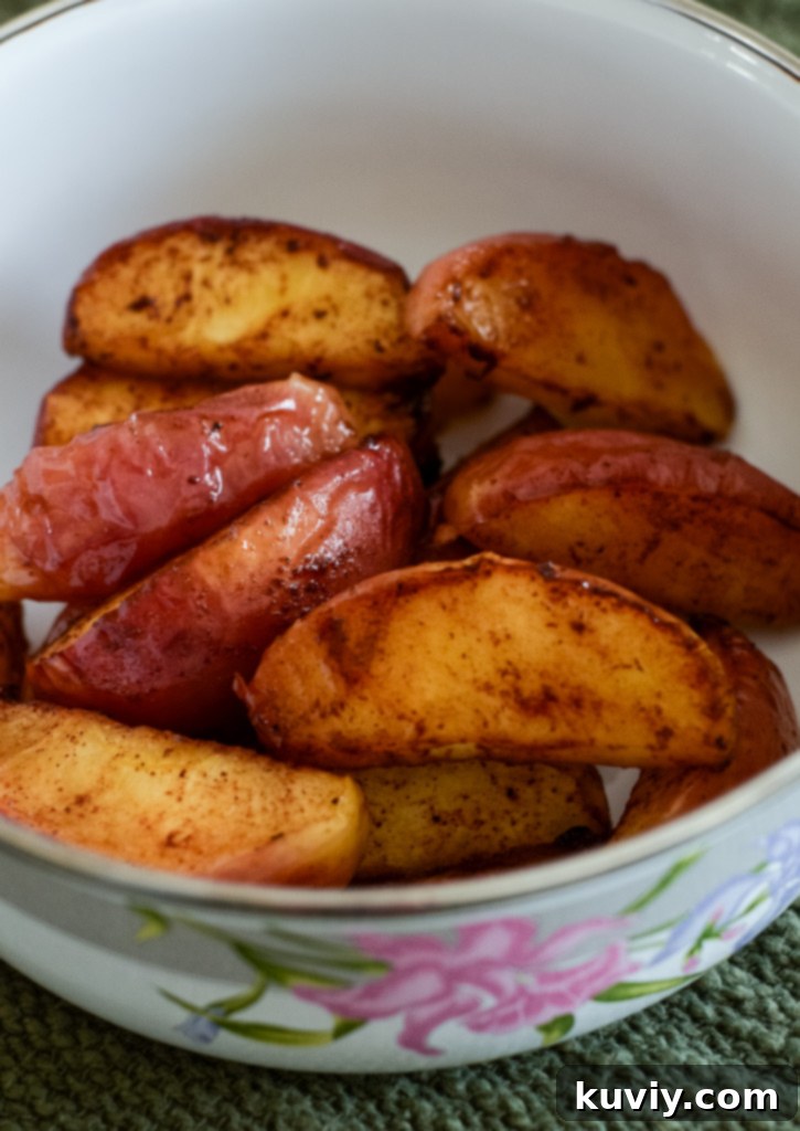Warm and Spiced Air Fryer Apples 2 Air Fryer Spiced Apples in a bowl, garnished with cinnamon stick