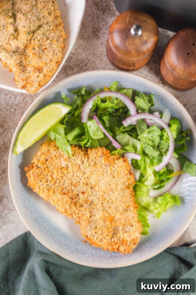 Crispy Air Fryer Chicken Schnitzel 7 Air Fryer Chicken Schnitzel served with a fresh salad and lemon wedges