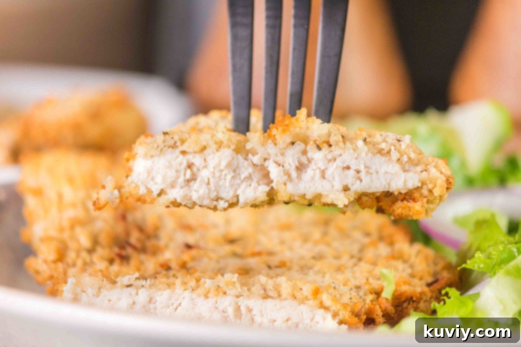 Crispy Air Fryer Chicken Schnitzel 8 Close-up of crispy Air Fryer Chicken Schnitzel on a plate