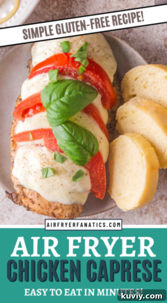 Gluten-free Air Fryer Caprese Chicken on a plate with fresh basil