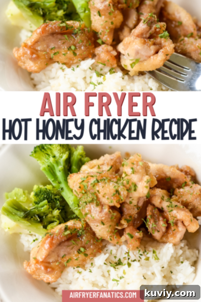 Crispy Hot Honey Air Fryer Chicken Bowls 10 A beautifully plated Air Fryer Hot Honey Chicken Bowl, showcasing the crispy chicken, rice, and broccoli, ready for a delicious meal.