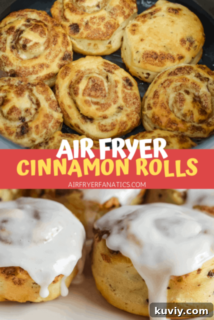 finished air fryer cinnamon rolls with a drizzle of icing