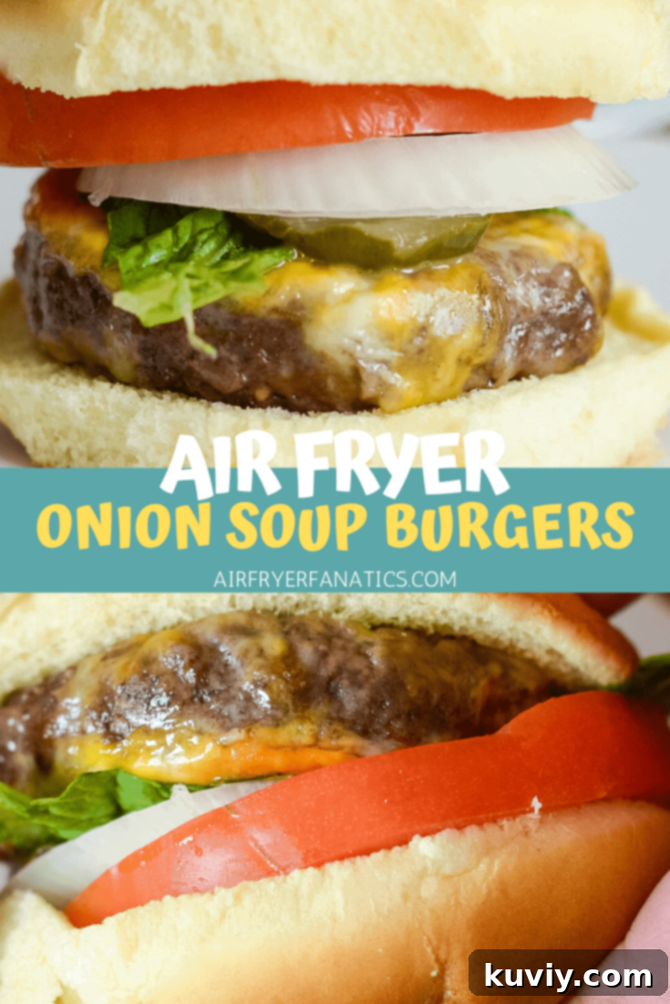 Close-up of a juicy Air Fryer Onion Soup Mix Burger
