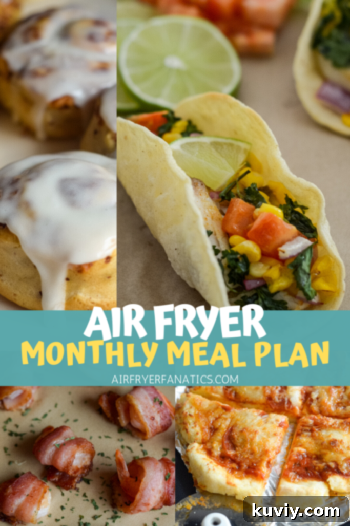 A graphic or image representing a monthly meal plan, possibly featuring a calendar or a collection of air fryer dishes, to introduce the detailed recipe lists.