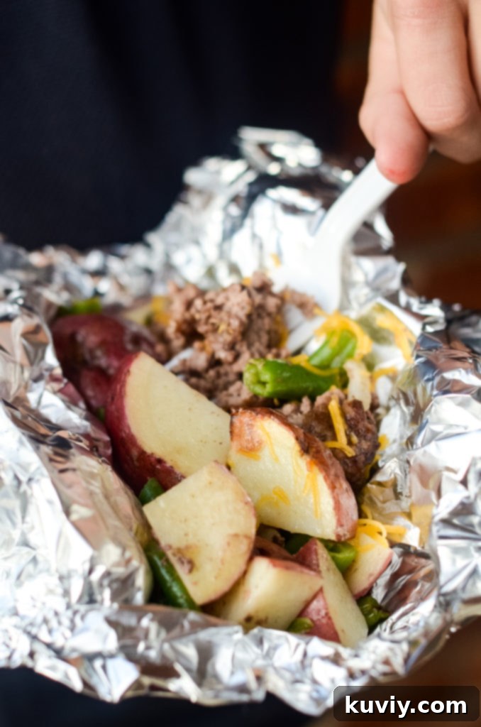 Air Fryer Hobo Dinner Foil Packets with seasoned beef and potatoes