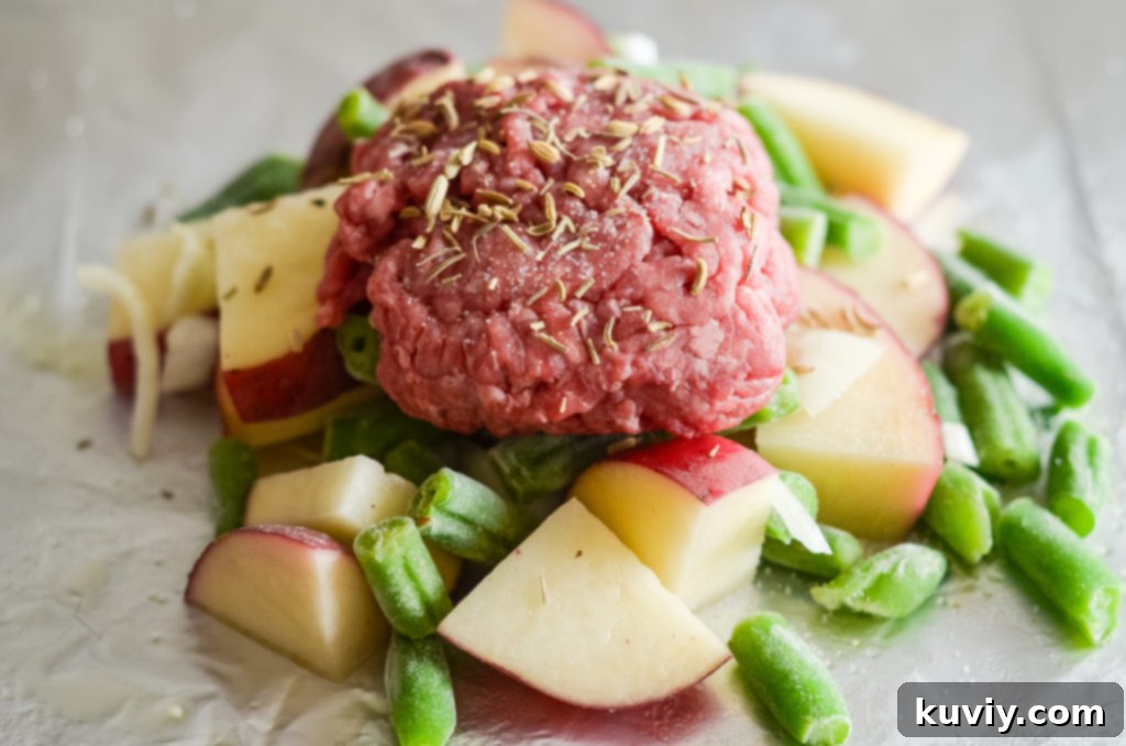 Ingredients for Air Fryer Hobo Dinner Foil Packets assembled and ready to be wrapped