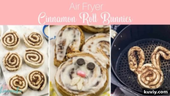 Adorable Air Fryer Cinnamon Roll Bunnies, frosted and decorated.