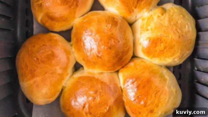 Warm, golden brown Air Fryer Dinner Rolls, freshly baked from scratch.