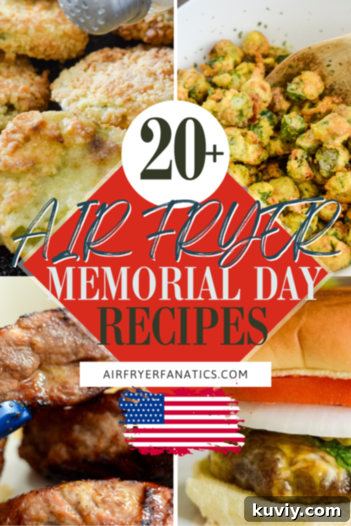 Overhead shot of a full Memorial Day spread featuring air fryer dishes