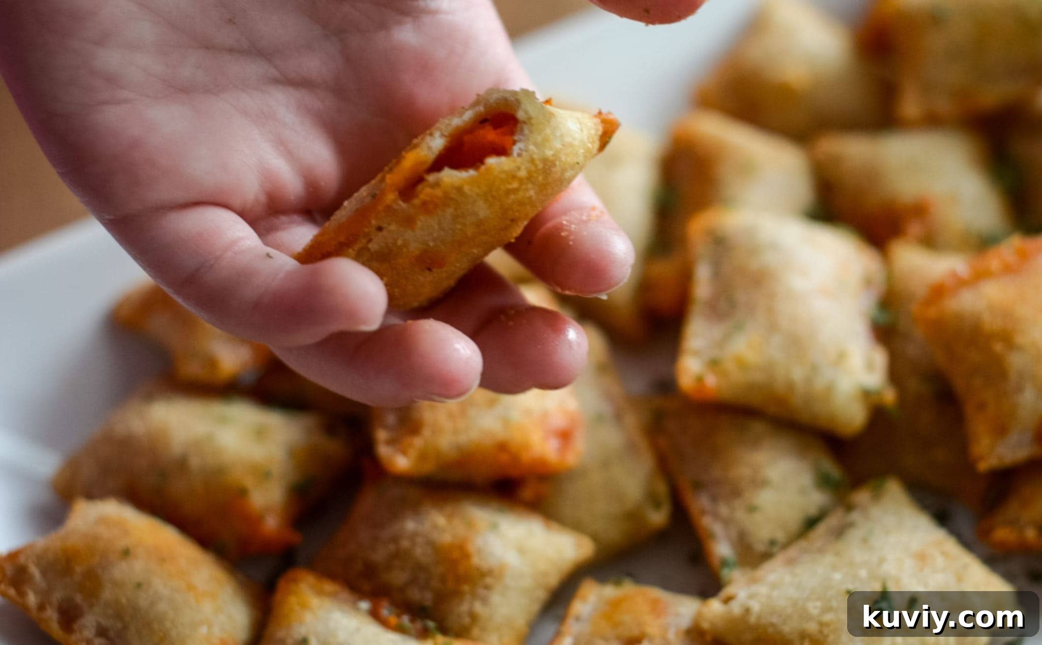 close-up of crispy air fryer pizza rolls