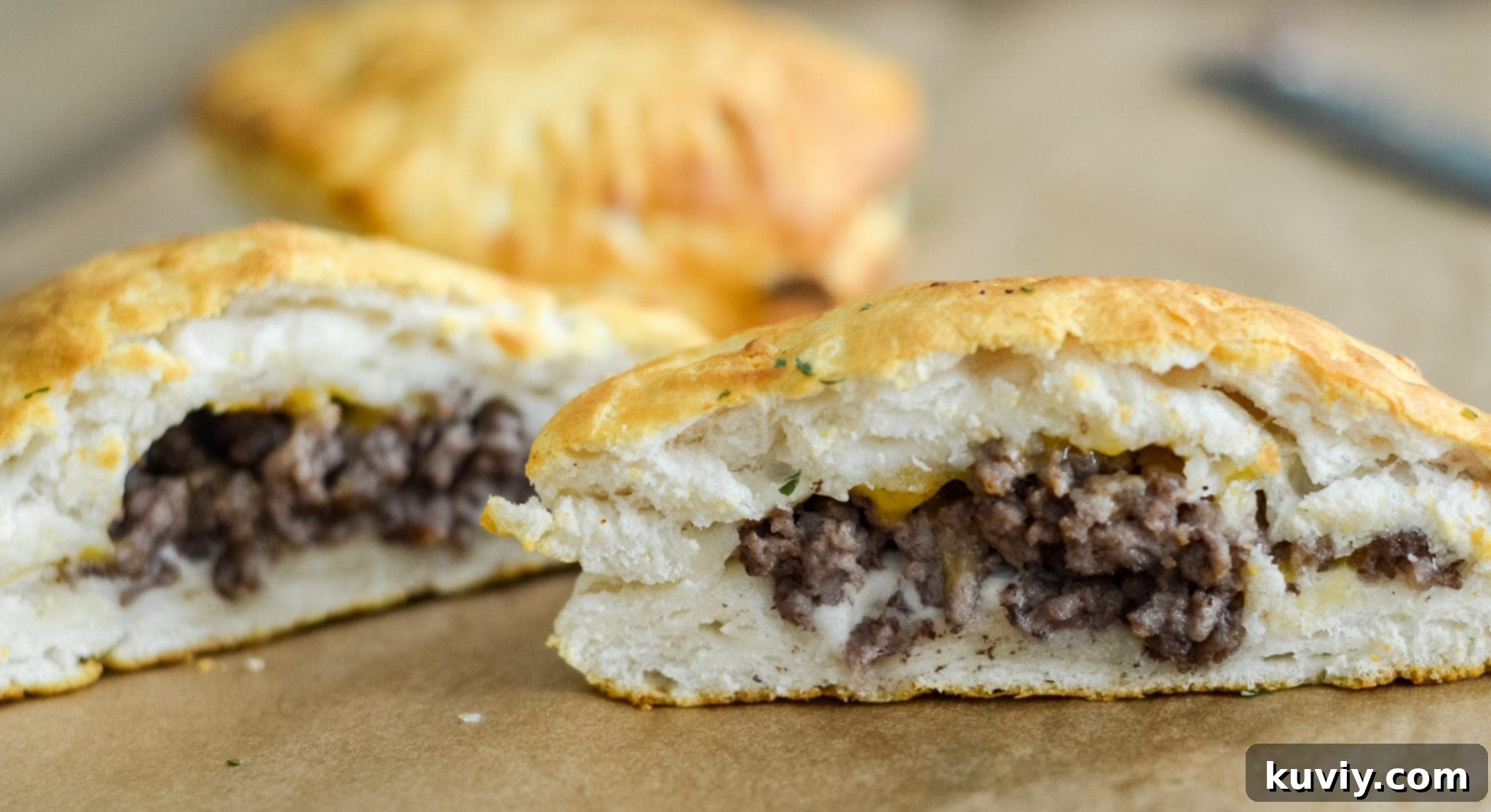 Ingredients for Air Fryer Cheeseburger Pockets including biscuits, ground beef, and cheese