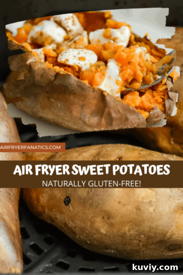 Two air fryer sweet potatoes sliced open with butter and cinnamon