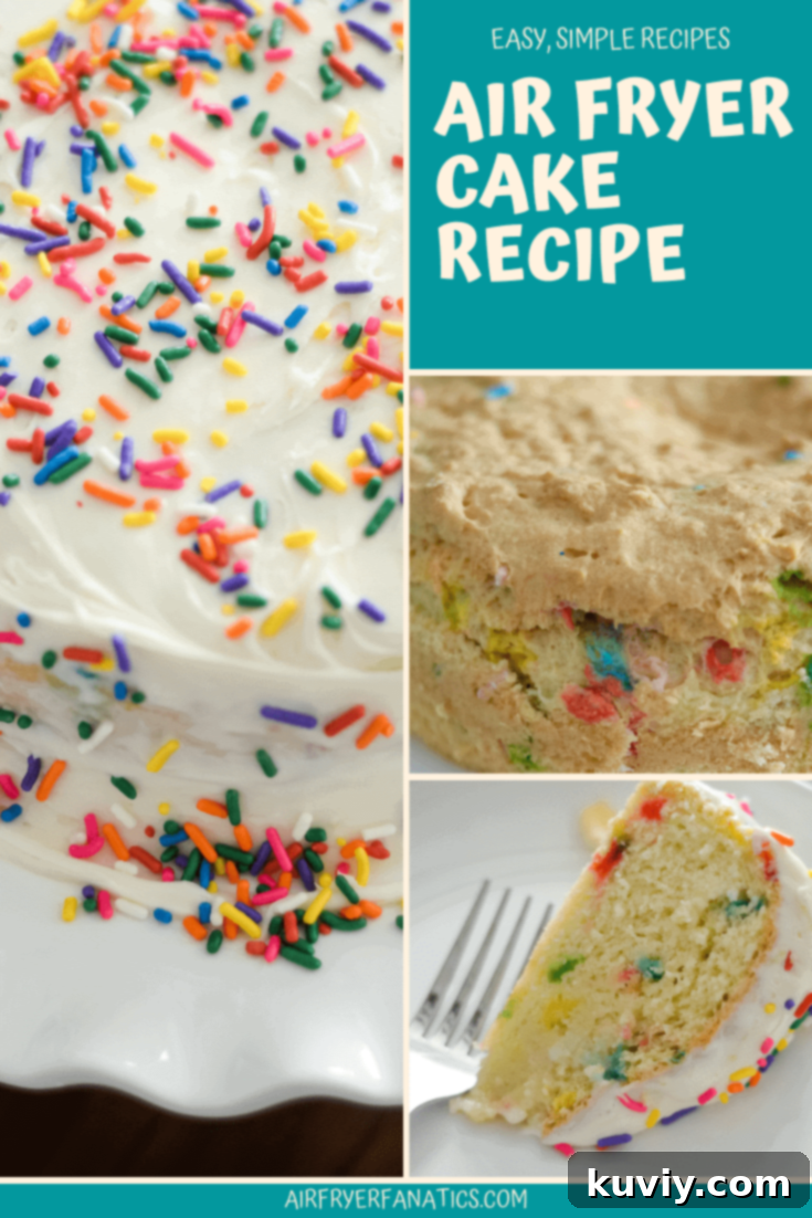 Frosted Air Fryer Cake - A beautifully frosted Air Fryer Cake with colorful sprinkles.