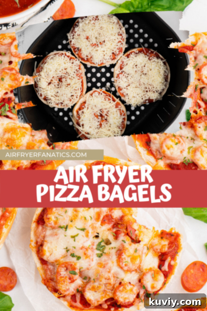 Various Air Fryer Pizza Bagels with different toppings on a rustic wooden board