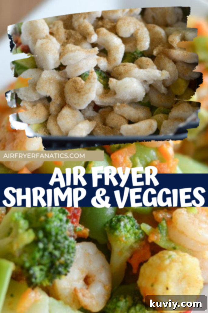 A basket-style air fryer in action with shrimp and vegetables.