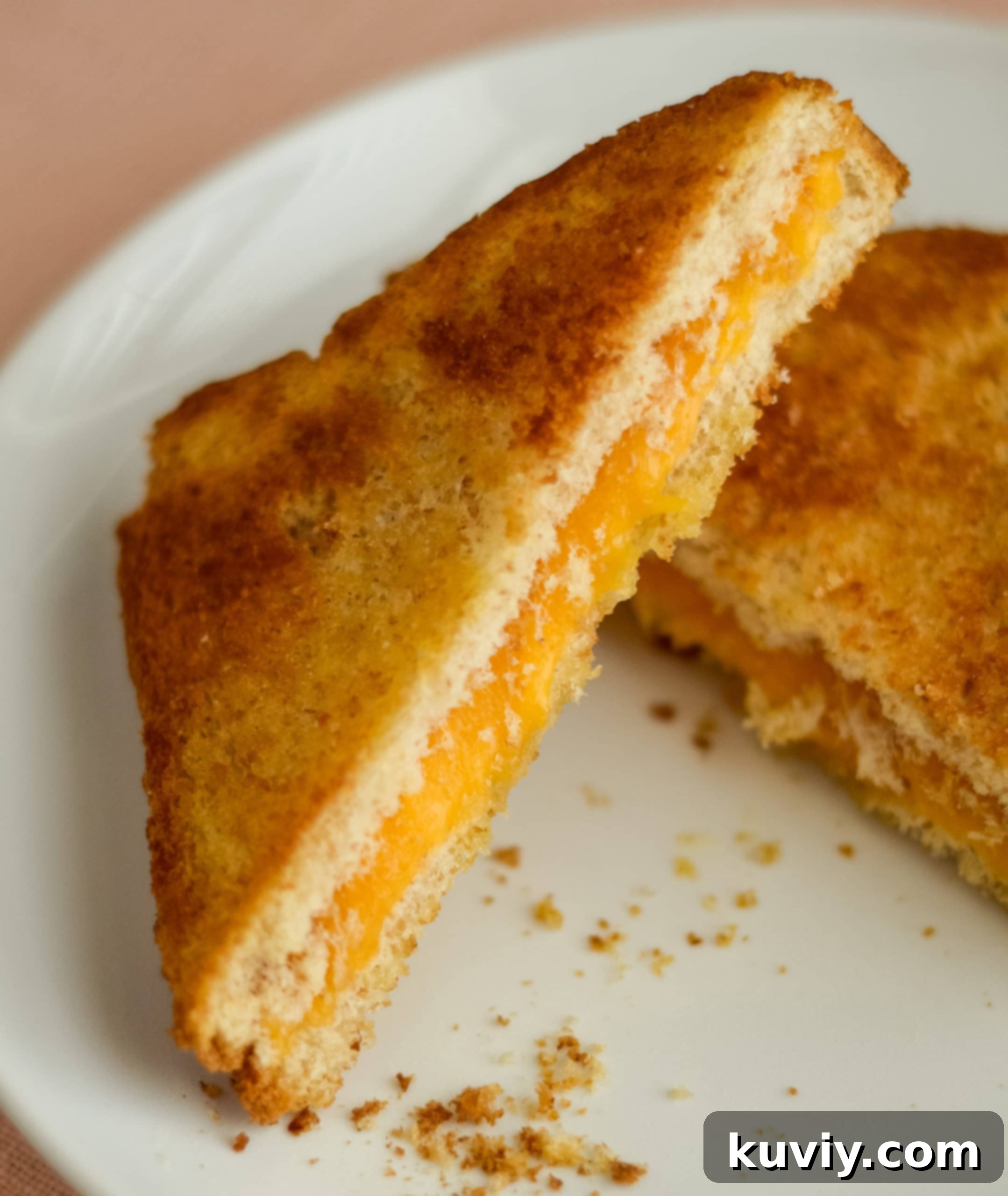 Easy Air Fryer Grilled Cheese: Golden brown sandwich with melted cheese peeking out, sliced in half diagonally on a plate.