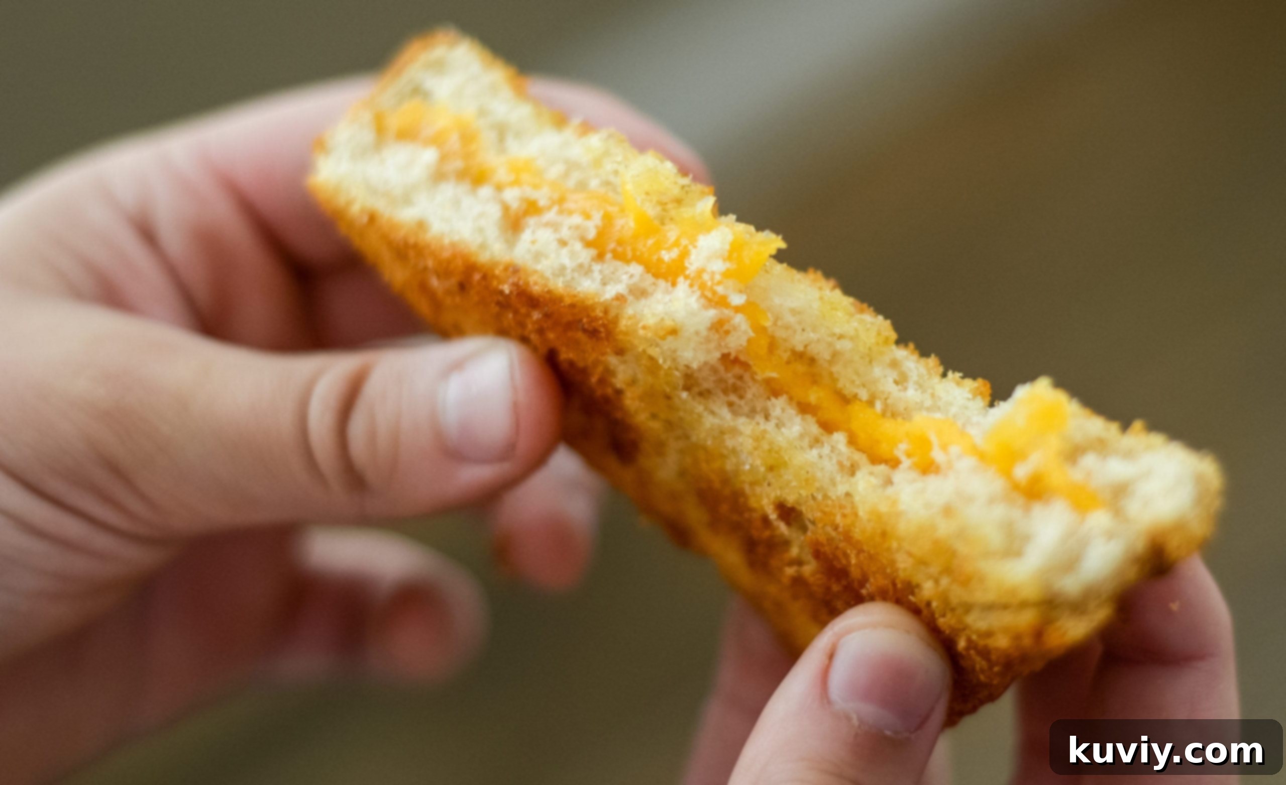 A perfectly cooked Air Fryer Grilled Cheese, golden brown and cut in half, showcasing the melted cheese.