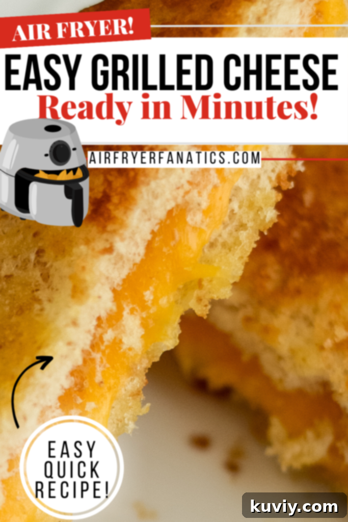 Close-up of a perfectly toasted air fryer grilled cheese sandwich on a cutting board, with visible melted cheese.