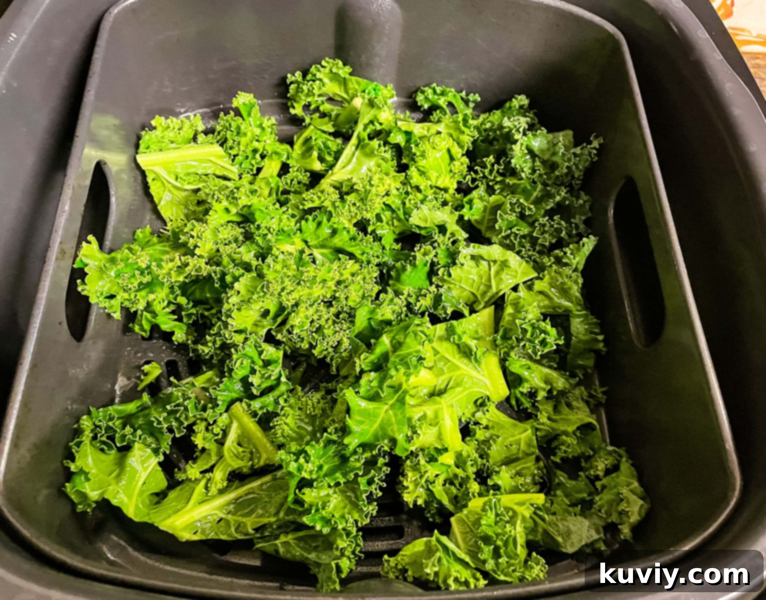 Close-up of crispy air fryer kale chips in a bowl
