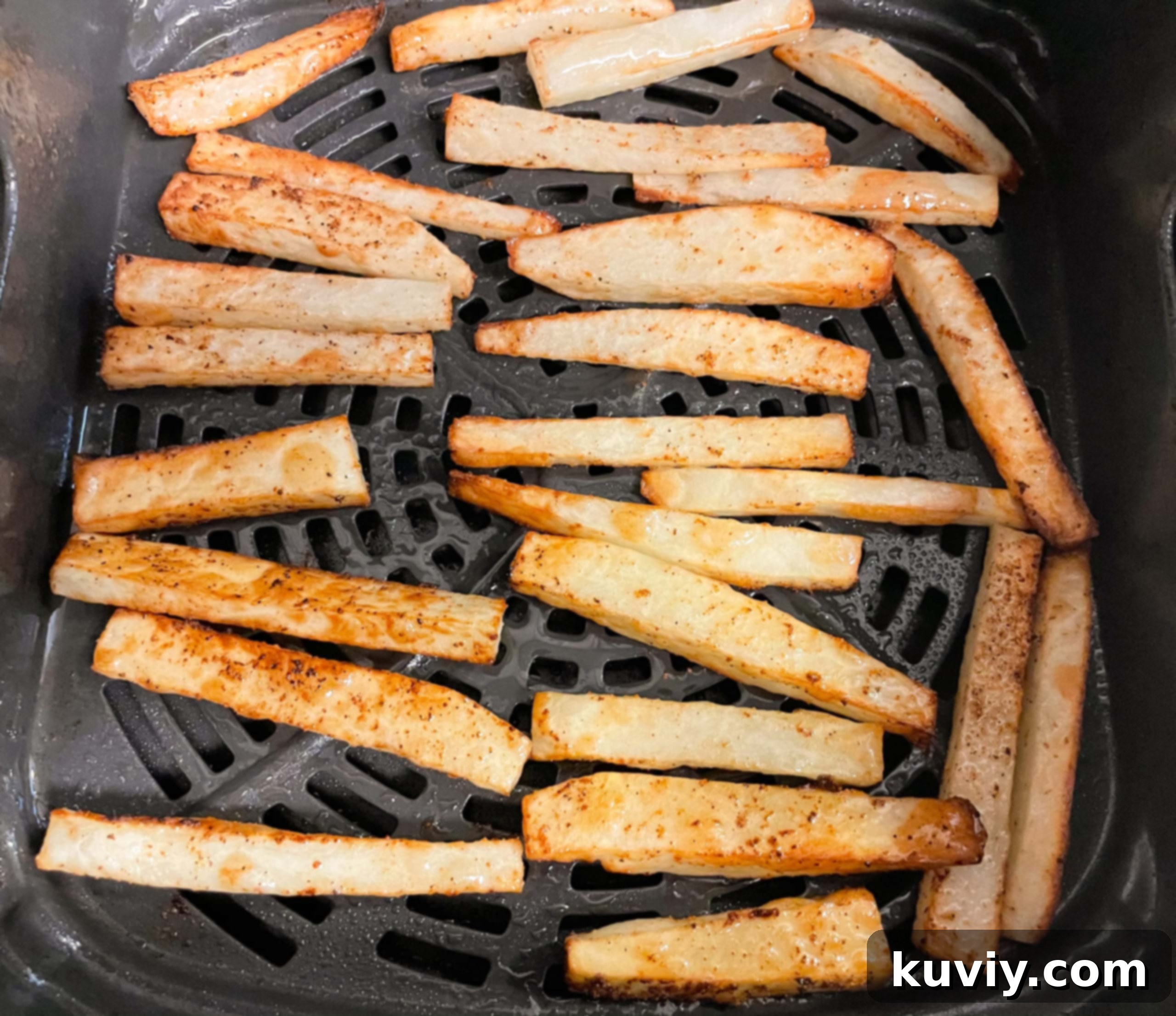 air fryer french fries being seasoned with spices