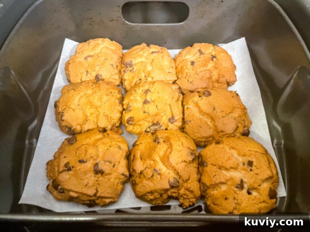 Air Fryer Toll House Cookie Perfection 6 Golden-brown Toll House Cookies in the Air Fryer basket