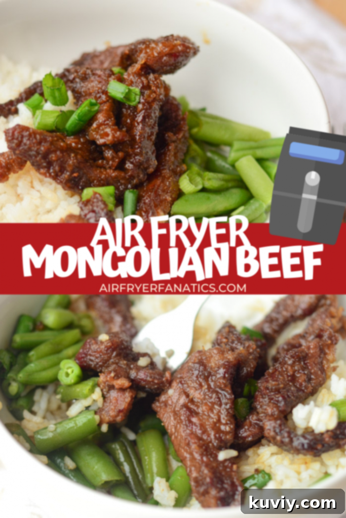 A serving of delicious Air Fryer Mongolian Beef over rice with green beans, garnished with green onions.