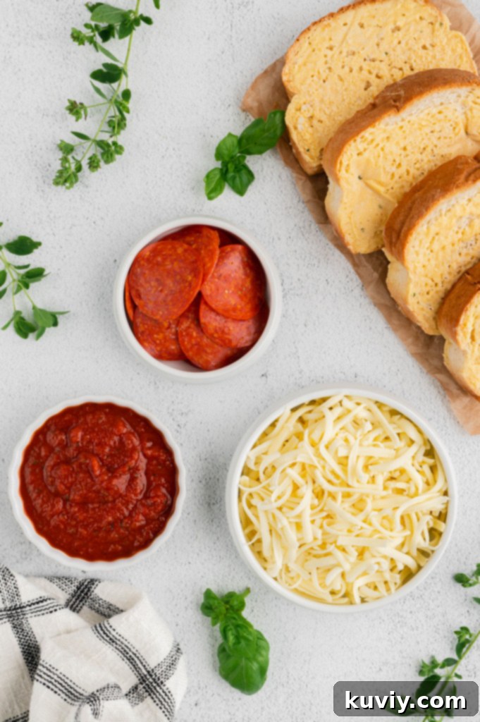 Ingredients for Air Fryer Garlic Bread Pizza Toast: Texas Toast, pizza sauce, mozzarella, pepperoni