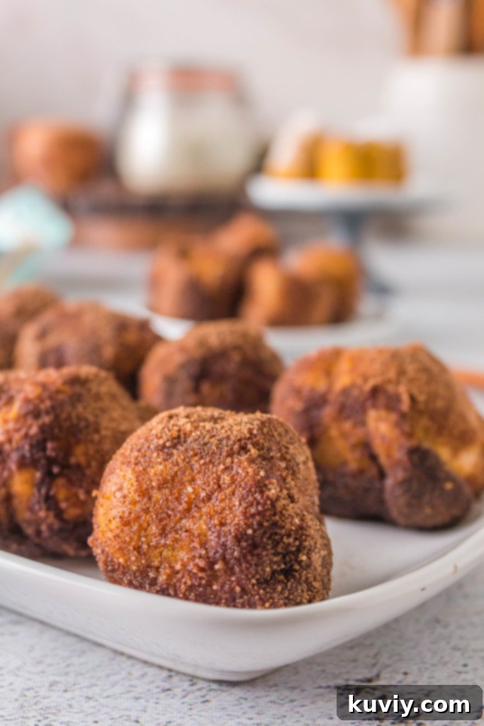 Freshly baked air fryer pumpkin doughnut holes on a cooling rack.