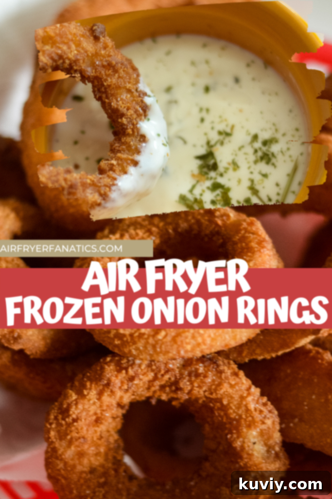 Air fryer frozen onion rings served on a cutting board with dips