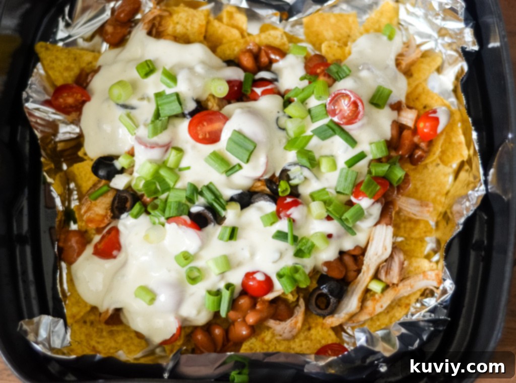 Crispy Air Fryer Nachos 3 Ingredients for Air Fryer Nachos including chips, chicken, and queso