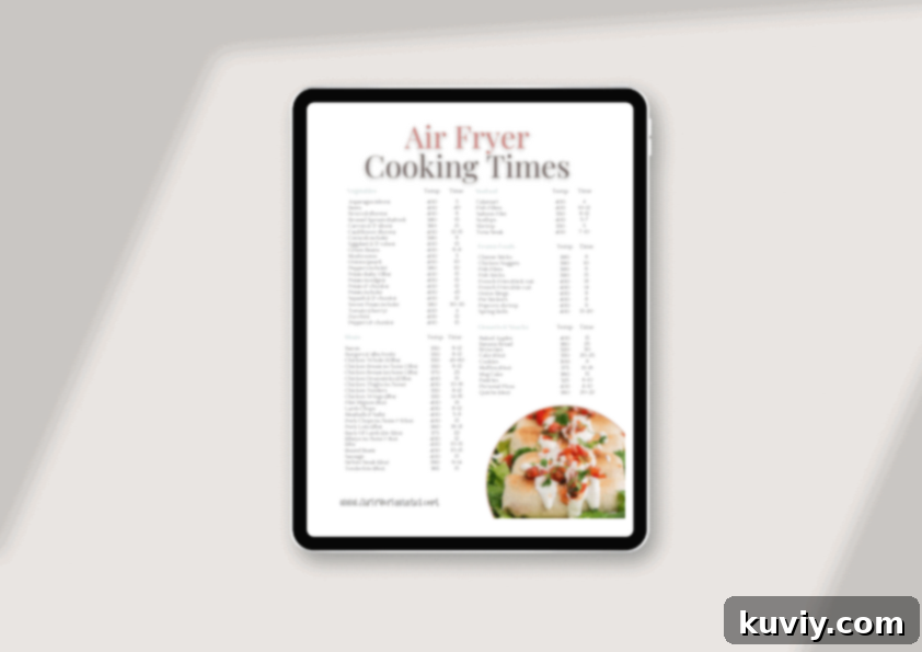 Air fryer cooking times cheat sheet with various food categories for easy reference