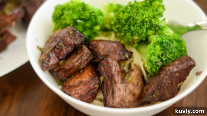 Tender Air Fryer Beef Tips in a rich, savory glaze.