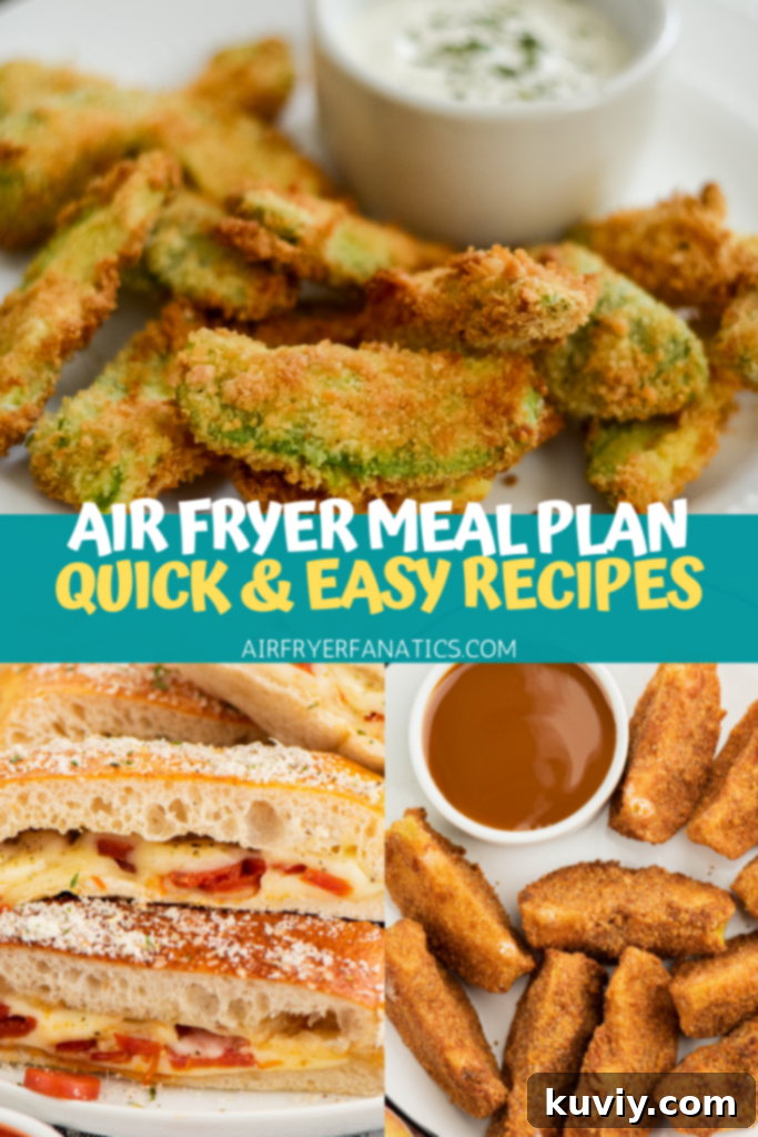 A graphic illustration summarizing a monthly air fryer meal plan, with categories for different meals.