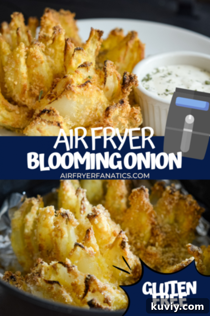 AIR FRYER BLOOMING ONION - a full blooming onion on a dark plate, ready to be served.